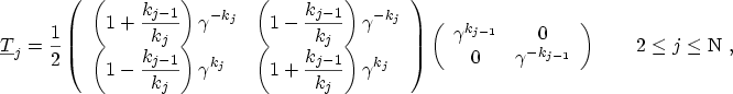 $\displaystyle \ensuremath{{\underline{T}}}_j = \frac{1}{2} \left( \begin{array}...
...\ 0 & \gamma^{-k_{j - 1}} \end{array} \right) \qquad 2 \le j \le \mathrm{N} \ ,$