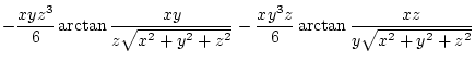 $\displaystyle -\frac{xyz^3}{6}\arctan\frac{xy}{z\sqrt{x^2+y^2+z^2}} -\frac{xy^3z}{6}\arctan\frac{xz}{y\sqrt{x^2+y^2+z^2}}$