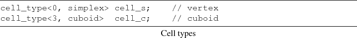 \begin{lstlisting}[frame=lines,title={Cell types}]{}
cell_type<0, simplex> cell_s; // vertex
cell_type<3, cuboid> cell_c; // cuboid
\end{lstlisting}