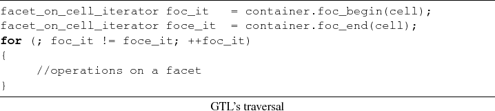 \begin{lstlisting}[frame=lines,label=,title={GTL's traversal}]{}
facet_on_cell_i...
... (; foc_it != foce_it; ++foc_it)
{
//operations on a facet
}
\end{lstlisting}