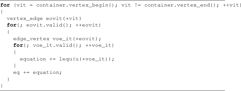 \begin{lstlisting}[frame=lines]{}
for (vit = container.vertex_begin(); vit != co...
..._it)
{
equation += lequ(u(*voe_it));
}
eq += equation;
}
}
\end{lstlisting}
