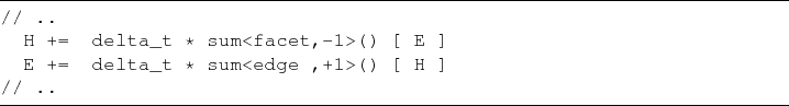 \begin{lstlisting}[frame=lines,label=beispielcode_wave,caption=]{}
// ..
H += d...
...m<facet,-1>() [ E ]
E += delta_t * sum<edge ,+1>() [ H ]
// ..
\end{lstlisting}