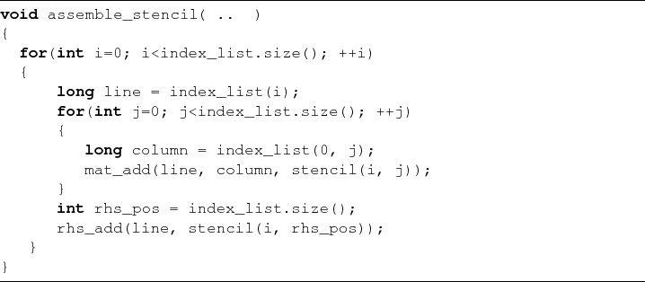 \begin{lstlisting}[frame=lines,label=gsse_sap_fe_code_sap]{}
void assemble_stenc...
...= index_list.size();
rhs_add(line, stencil(i, rhs_pos));
}
}
\end{lstlisting}
