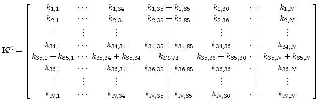 $\displaystyle \mathbf{K^g}= \left[ \begin{array}{ccccccccccccc} k_{1,1} &\cdots...
...s &k_{N,34} &k_{N,35}+k_{N,85} &k_{N,36} &\cdots &k_{N,N} \end{array} \right]$