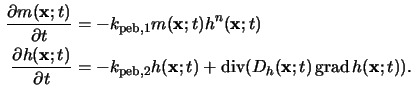 $\displaystyle \begin{aligned}\frac{\partial m(\mathbf{x};t)}{\partial t} &= -k_...
...torname{div}(D_h(\mathbf{x};t)\operatorname{grad}h(\mathbf{x};t)).\end{aligned}$
