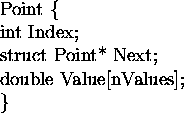 \begin{figure}
\centerline{\begin{minipage}{0.4\textwidth}
{\ttstruct Point \{\\...
 ...truct Point* Next;\\ 
 double Value[nValues];\\ 
\}}
\end{minipage}}\end{figure}