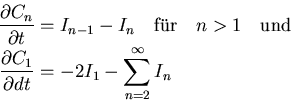 \begin{displaymath}\begin{split}
{\frac{\partial{C_n}}{\partial{t}}}&=I_{n-1}-I_...
 ...tial{dt}}}&=-2I_1 - \sum\limits_{n=2}^{\infty}{I_n}
\end{split}\end{displaymath}
