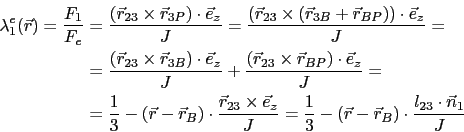 \begin{displaymath}\begin{split}\lambda^e_1(\vec{r}) = \frac{F_1}{F_e} & = \frac...
...{r} - \vec{r}_B)\cdot\frac{l_{23}\cdot\vec{n}_1}{J} \end{split}\end{displaymath}