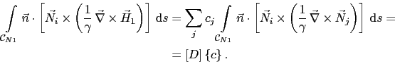 \begin{displaymath}\begin{split}\int_{\mathcal{C}_{N1}}\vec{n}\cdot \left[ \vec{...
...mathrm{d}s =  & = \left[D\right]\left\{c\right\}. \end{split}\end{displaymath}