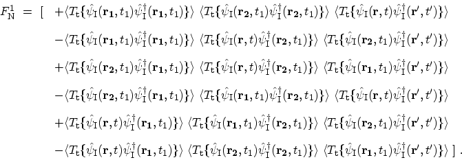 \begin{displaymath}\begin{array}{ll}
 F^1_\mathrm{N} \ = \ [&+\langle 
 T_\mathr...
...}_\mathrm{I}^\dagger({\bf {r'}},t')\}\rangle\ ]\ .
 \end{array}\end{displaymath}