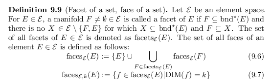 \begin{defn}
% latex2html id marker 18399
[Facet of a set, face of a set]
Let ${...
...thcal{E}}(E) \vert {\operatorname{DIM}}(f) = k \right\}
\end{equation}\end{defn}
