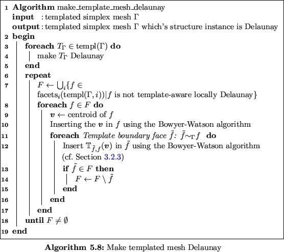\begin{algorithm}
% latex2html id marker 10127
[htb]{\textbf{Algorithm} $\operat...
...
}
} {
}
}
}
}
\par
\caption{Make templated mesh Delaunay
}\end{algorithm}