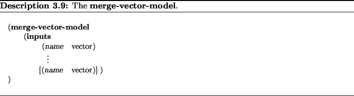 \begin{Modeldesc}
% latex2html id marker 2884
\caption{
The \textbf{merge-vector...
...uad\> vector)]\ ) \\
)\end{tabbing}\end{minipage}\end{flushleft}\end{Modeldesc}