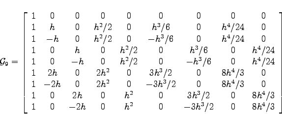 \begin{displaymath}
\mathcal{G}_9 =
\left[
\begin{array}{c c c c c c c c c}
1& ...
... &-2h& 0 & h^2 & 0 & -3h^3/2 & 0 & 8h^4/3
\end{array}\right]
\end{displaymath}