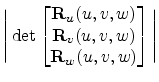 $\displaystyle \Bigg \vert \det \begin{bmatrix}\mathbf{R}_u (u,v,w) \\
\mathbf{R}_v (u,v,w) \\
\mathbf{R}_w (u,v,w) \end{bmatrix}\Bigg \vert \notag$