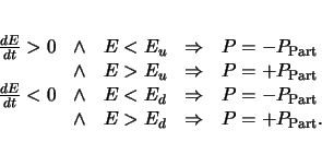 \begin{displaymath}
\begin{array}{lclcl}
\frac{dE}{dt} > 0 & \wedge & E < E_u & ...
... E > E_d & \Rightarrow & P = + P_\mathrm{Part}. \\
\end{array}\end{displaymath}