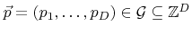 $ {\vec{p}}=\left({p}_1,\ldots,{p}_{D}\right)\in{\mathcal{G}}\subseteq\mathbb{Z}^{D}$