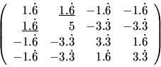 \begin{displaymath}\left(
\begin{array}{rrrr}
1.\dot{6} & \underline{1.\dot{6}...
...& -3.\dot{3} &
1.\dot{6} & 3.\dot{3} \\
\end{array} \right) \end{displaymath}