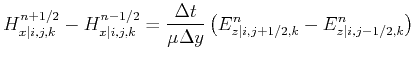 $\displaystyle H_{x\vert i,j,k}^{n+1/2} - H_{x\vert i,j,k}^{n-1/2} = \frac{\Delt...
... \Delta y} \left ( E_{z\vert i,j+1/2,k}^{n} - E_{z\vert i,j-1/2,k}^{n} \right )$