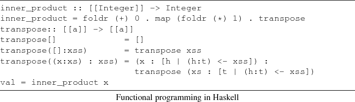 \begin{lstlisting}[frame=lines,label=,title={Functional programming in Haskell}]...
...
transpose (xs : [t \vert (h:t) <- xss])
val = inner_product x
\end{lstlisting}