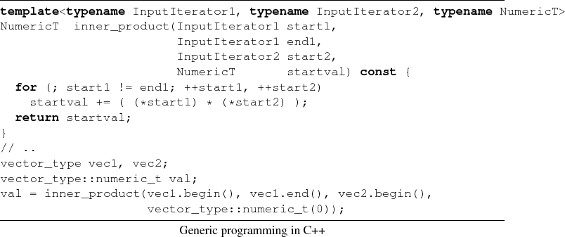 \begin{lstlisting}[frame=lines,label=,title={Generic programming in C++}]{}
temp...
...egin(), vec1.end(), vec2.begin(),
vector_type::numeric_t(0));
\end{lstlisting}