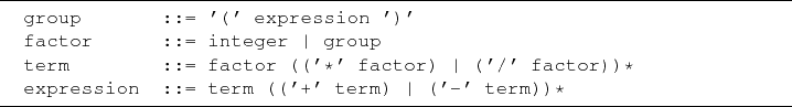 \begin{lstlisting}[frame=lines]{}
group ::= '(' expression ')'
factor ::= inte...
...' factor))*
expression ::= term (('+' term) \vert ('-' term))*
\end{lstlisting}