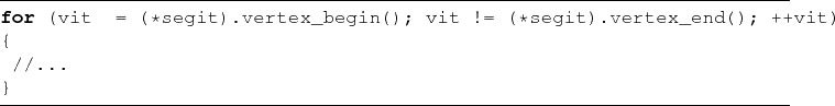 \begin{lstlisting}[frame=lines,label=beispielcode_all2,caption=]{}
for (vit = (*...
...ertex_begin(); vit != (*segit).vertex_end(); ++vit)
{
//...
}
\end{lstlisting}