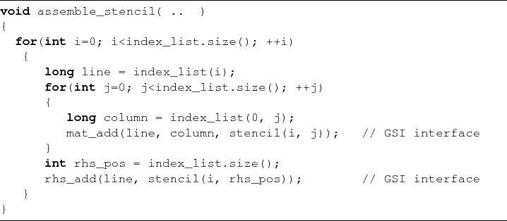 \begin{lstlisting}[frame=lines,label=gsse_fe_assemble_stencil,caption=]{}
void a...
...e();
rhs_add(line, stencil(i, rhs_pos)); // GSI interface
}
}
\end{lstlisting}