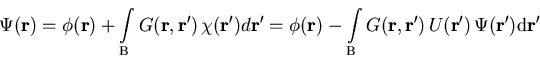 \begin{displaymath}
\Psi(\vec{r})=\phi (\vec{r})+\int G (\vec{r},\vec{r'})\,\chi...
...r},\vec{r'})\,U(\vec{r'} )\,\Psi(\vec{r'}) {\mathrm d}\vec{r'}
\end{displaymath}