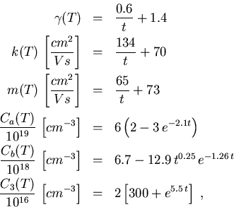 \begin{eqnarray}\gamma (T) & = & \frac{0.6}{\mathrm{}t} + 1.4 \\ k(T)\,\left[\... ...& = & 2\left[ 300 + {\mathrm{} e}^{5.5\,\mathrm{}t} \right] \; ,\end{eqnarray}