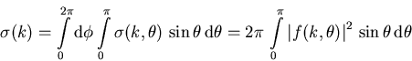 \begin{displaymath}
\sigma (k) = \int \int \sigma (k,\theta) \,{\mathrm d} \phi \,{\mathrm d}\sin\theta =2\p...
 ...{\vert f(k,\theta )\vert}^2 \,\sin\theta \,{\mathrm d} \theta 
\end{displaymath}