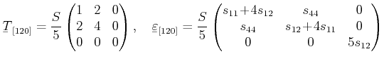 $\displaystyle \ensuremath{{\underaccent{\bar}{T}}}_{[120]} = \frac {S} {5} \beg...
...{44} & 0  s_{44} & s_{12}\!+\!4s_{11} & 0  0 & 0 & 5 s_{12} \end{pmatrix}$