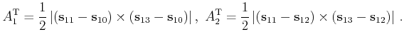 $\displaystyle A^\mathrm{T}_{1}=\frac{1}{2}\left\vert\left(\mathbf{s}_{11}-\math...
...}_{12}\right)\times\left(\mathbf{s}_{13}-\mathbf{s}_{12}\right)\right\vert   .$