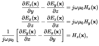 $\displaystyle \begin{aligned}\frac{\partial E_z(\mathbf{x})}{\partial y} - \fra...
...c{\partial E_x(\mathbf{x})}{\partial y}\right] &= H_z(\mathbf{x}),\end{aligned}$