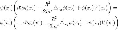 \begin{gather*}\begin{split}&\psi(x_1)\bigg(\imath \hbar \phi_t(x_2) - \frac{\hb...
...{*}} \triangle_{x_1} \psi(x_1) + \psi(x_1) V(x_1)\bigg) \end{split}\end{gather*}