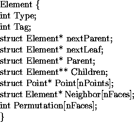 \begin{figure}
\centerline{\begin{minipage}{0.5\textwidth}
{ {\ttstruct Element ...
 ...ghbor[nFaces];\\ 
 int Permutation[nFaces];\\ 
\} }}
\end{minipage}}\end{figure}