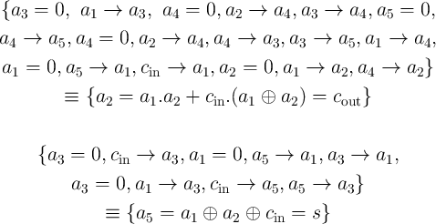 {a3  =  0, a1  →  a3,  a4 =  0,a2 →   a4, a3 →  a4, a5 =  0,

a4  →  a5, a4 =  0,a2  →  a4, a4 →  a3, a3 →   a5,a1  →  a4,
 a1 =  0,a5  →  a1, cin →   a1,a2  =  0,a1 →   a2,a4  →  a2 }

         ≡  {a2  =  a1.a2 +  cin.(a1 ⊕  a2) =  cout}



     {a3  =  0,cin →   a3,a1 =  0, a5 →   a1,a3 →   a1,
          a3 =  0, a1 →   a3,cin →  a5, a5 →   a3}

               ≡  {a5 =  a1 ⊕  a2 ⊕  cin =  s}
