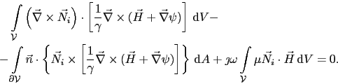 \begin{displaymath}\begin{split}&    \int_{\mathcal{V}}\left(\vec{\nabla}\tim...
...thcal{V}}\mu\vec{N}_i\cdot\vec{H} \mathrm{d}V = 0. \end{split}\end{displaymath}