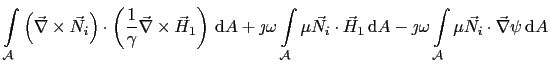 $\displaystyle \int_{\mathcal{A}}\left(\vec{\nabla}\times\vec{N}_i\right) \cdot\...
... - \jmath\omega\int_{\mathcal{A}}\mu\vec{N}_i\cdot\vec{\nabla}\psi \mathrm{d}A$