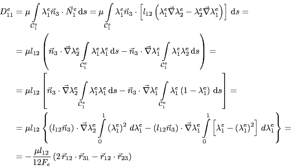 \begin{displaymath}\begin{split}D_{11}^e & = \mu\int_{\mathcal{C}^e_1}\lambda_1^...
...\vec{r}_{31} - \vec{r}_{12}\cdot\vec{r}_{23}\right) \end{split}\end{displaymath}