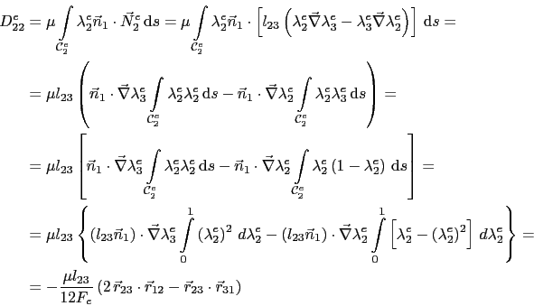 \begin{displaymath}\begin{split}D_{22}^e & = \mu\int_{\mathcal{C}^e_2}\lambda_2^...
...\vec{r}_{12} - \vec{r}_{23}\cdot\vec{r}_{31}\right) \end{split}\end{displaymath}
