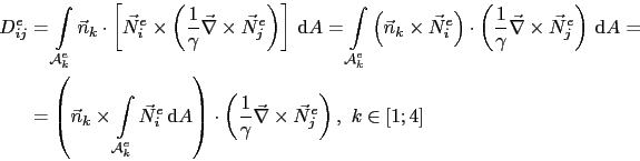 \begin{displaymath}\begin{split}D_{ij}^e & = \int_{\mathcal{A}^e_k}\vec{n}_k\cdo...
...ma}\vec{\nabla}\times\vec{N}^e_j\right), k\in[1;4] \end{split}\end{displaymath}