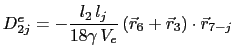 $\displaystyle D_{2j}^e = -\frac{l_2 l_j}{18\gamma V_e}\left(\vec{r}_6 + \vec{r}_3\right)\cdot\vec{r}_{7-j}$