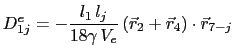 $\displaystyle D_{1j}^e = -\frac{l_1 l_j}{18\gamma V_e}\left(\vec{r}_2 + \vec{r}_4\right)\cdot\vec{r}_{7-j}$