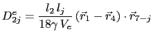 $\displaystyle D_{2j}^e = \frac{l_2 l_j}{18\gamma V_e}\left(\vec{r}_1 - \vec{r}_4\right)\cdot\vec{r}_{7-j}$