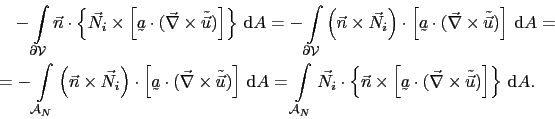\begin{displaymath}\begin{split}& \quad - \int_{\partial\mathcal{V}}\vec{n}\cdot...
...\times\tilde{\vec{u}})\right]\right\} \mathrm{d}A. \end{split}\end{displaymath}