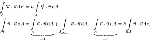 \begin{displaymath}\begin{split}\int_{\mathcal{V}}\vec{\nabla}\cdot\vec{u} \mat...
...artial\mathcal{A}}\vec{n}\cdot\vec{u} \mathrm{d}s, \end{split}\end{displaymath}