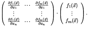 $\displaystyle \left (
\begin{array}{ccc}
\frac{\partial f_{1}(\vec{x}) }{\parti...
...array}{c}
f_{1}(\vec{x}) \\
\vdots \\
f_{m}(\vec{x}) \\
\end{array}\right ).$