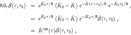 \begin{displaymath}\begin{array}{ll}\displaystyle \hbar \partial_\tau \mathcal{\...
...athrm{int}(\tau) \mathcal{\hat{S}}(\tau,\tau_0) \ , \end{array}\end{displaymath}
