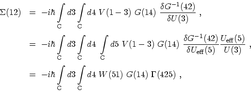 \begin{displaymath}\begin{array}{ll}\displaystyle \Sigma(12) \ &\displaystyle = ...
...3 \int_\mathrm{C} d4\ W(51)\ G(14)\ \Gamma(425) \ , \end{array}\end{displaymath}
